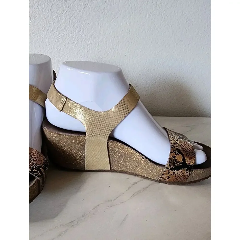 Mephisto Fiona Wedge Sandal Women 6/37 Reptile Snake Black Gold Comfort Shoes